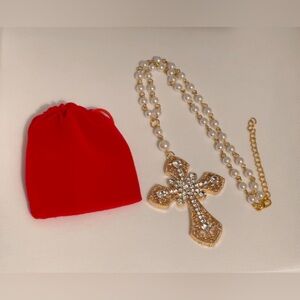 Gothic Large Victorian Gold Tone Cross Pendant Pearl Rosary Necklace New